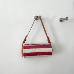 Evening Bags Stylish Straw Braid Barrel Shouder For Women Contrast Colour Striped Underarm Bag Woven Design Female Handbag Travel Tote