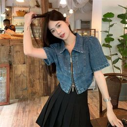 Women's Blouses Double Zipper Denim Shirt Women's Loose Slim Polo Neck Small Short Sleeve Top Summer Vintage Clothes Women Shirts &