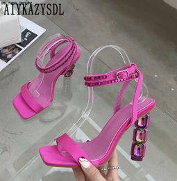 Sandals AIYKAZYSDL Crystal Rhinestone Clear High Heel Sandals Women Ankle Strap Cross Strap Stripper Pink Silver Shoes Pumps Fetish 2023 J230518 J230519 J230522