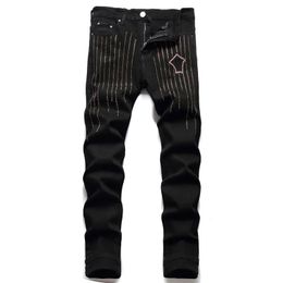 Men's Jeans Pocket Drill Line Embroidery Men's Four Seasons Style Reflective Premium Black High Street Fashion Zipper Slim