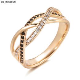 Band Rings Luxury 18k Rose Gold Natural Black Diamond Ring Geometric Line Cross Wedding Diamond Rings for Women Vintage Fashion Jewelry J230522