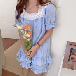 Home Clothing Alien Kitty 2023 Blue Summer Ruffles Chic Gentle Wear Girls Cotton Sweet Lovely Loose Pyjamas Fashion Short Sleeve Suits