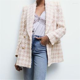 Women's Suits ZXQJ Women 2023 Fashion Tweed Double Breasted Blazer Coat Vintage Long Sleeve Flap Pockets Female Outerwear Chic Veste Femme