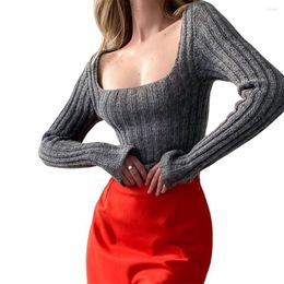 Women's Blouses Fashion Women Fitted Knit Tshirts Top Low Cut Crop Shirt Aesthetic 2000s Long Sleeve Square Neck Tee Blouse Streetwear