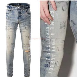 Designer Clothing Amires Jeans Denim Pants 869 Fashion 2022 New Amies Blue New Broken Letter Graffiti Trend Slim Fit Skinny Jeans Male Fashion Distressed Ripped Skin