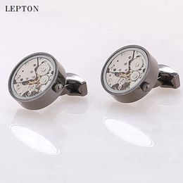 Hot Watch Movement Cufflinks Of Immovable Glass-Fronted Lepton Steampunk Gear Watch Mechanism Cufflink for Mens Drop Shipping