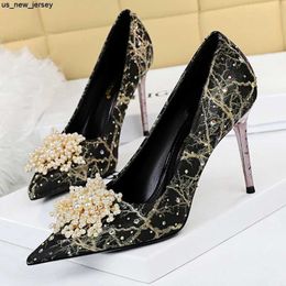 Sandals BIGTREE Shoes Pearl Flowers Woman Pumps Rhinestone High Heels 2023 New Luxurious Women Heels Stiletto Large Size Ladies Pumps J230518 J230519 J230522