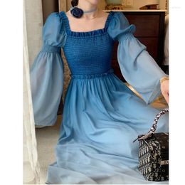 Casual Dresses 2023 Spring Elegant Gradient Women Prom Dress Fashion Vintage Square Collar A-Line Party Midi Robe Female Chic Birthday