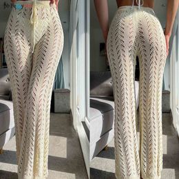 Women's Pants Capris Crochet Net Sexy Women's Swimwear Lace Strap Hollow Knitted Wide Leg Trousers European Casual Beach Suit Pants Y2K 230520