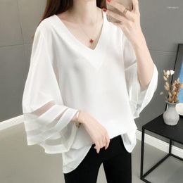 Women's Blouses White Chiffon Shirt For Women 2023 Summer Korean Style Bell Sleeve Loose Large Size Belly-Covering Coat