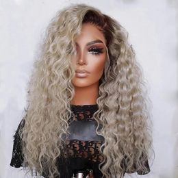 Ombre Grey Blonde Lace Front Synthetic Hair For Women Heat Resistant Fiber Brown Roots Long Curly