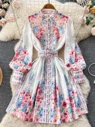 Casual Dresses 2023 Spring Autumn Colourful Flower Dress Women's Stand Collar Single Breasted Long Lantern Sleeve Sweet Print Belt Fairy