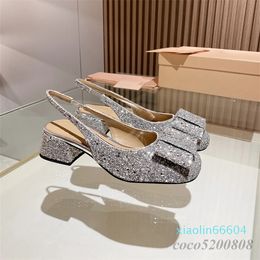 Casual Shoes Luxury Designer Women Paty Dress Genuine Leather Slingbacks Pumps High Heels ButterflyKnot Crystal Sandals Sequined Cloth