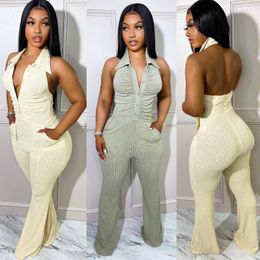 Women s Two Piece Pants Echoine Turn Down Collar Halter Sexy Jumpsuit Pocket Knitted Ribbed Backless Skinny Bodycon Rompers Clubwear Outfits Overalls 230522