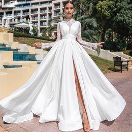 Modern Lace Wedding Dress A Line Side Split Bridal Gown Long Sleeves Round Neck Pleat Buttons Back Vestidos De Novia