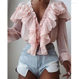 Women's Blouses Women Chiffon Solid Pink Colour Top V-Neck Ruffle Trim Blouse Casual Long Sleeve Loose Tops Streetwear