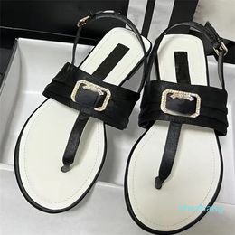 2023-Small Fragrance Toe Slippers Women's Satin One Line Buckle Casual Everything Flat Flip-flops