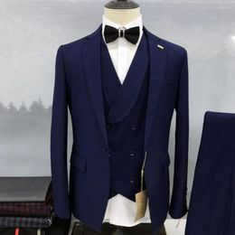 Men's Suits Men Suit High Quality Navy Blue Luxury Wedding Jacket Pants Vest Three Pcs Notch Lapel Formal Business Slim Fit Blazer Masculino