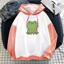 Women's Hoodies Shy Frogss Printed Anime Kawaii Harajuku Pullover Women Ladies Girls Oversized Sweatshirts Colour Block Blouse Moletom