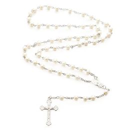 Pendant Necklaces Simulation Pearl Bead Rosary Necklace Alloy Cross Christian Catholic Religious Jewelry