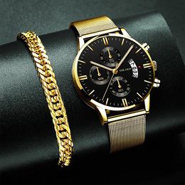 Wristwatches Luxury Men Creative Stainless Steel Mesh Belt Quartz Watch Gold Bracelets Fashion Business Mens Wrist Casual Male Clock