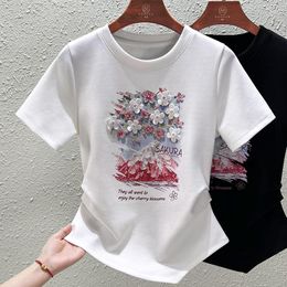 Women's T Shirts Printed Short Sleeve T-shirt Women's Summer Ins Fashion 3D Cherry Blossom Pleated Slim Fit Top Goth For Women