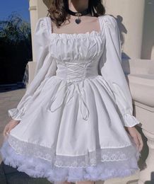 Casual Dresses 2023 White Sweet Fairycore Princess Dress Black Goth Puff Sleeve Square Collar Cross Lace-Up Hem Lace Trim Swing Mini