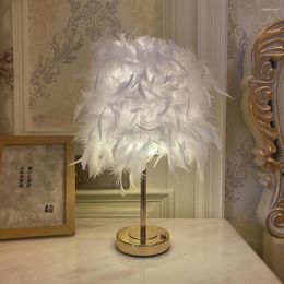 Table Lamps Feather Lamp For Bedroom 3 Light Colours Dimmable Touch Control USB Power/Rechargeable Home Wedding Decor