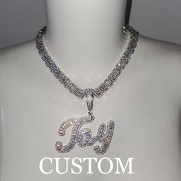 Necklaces Grandbling Brush Cursive Letter Customized Name Necklace With Baguettes Chain With AAA CZ Personalized Hip HOP Jewelry