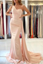 New Pink Sexy Evening Dresses Formal Prom Party Gown Mermaid One-Shoulder Floor-Length Sweep Train Satin long Backless Plus Size Custom