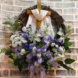 Decorative Flowers Easter Door Wreath With Cross Front Tulip Rustic Spring Ornaments For Home Wall Party Decorations