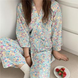 Home Clothing Alien Kitty Chic Mint Printing Casual Florals 2023 Cotton Sexy Summer Pajamas Sweet Nightwear Homewear Loose Two Piece Suit