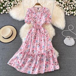 Party Dresses French Chic Dress Beach Style Floral Print Female V-Neck Summer Ruffles A-Line Vestidos Women Clothes Drop