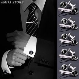 Fashion Men's A-Z Alphabet Tie Clips And Cufflinks Set Silver Color Glass Dome Letter Cuff Button for Male Gentleman Shirt Weddi
