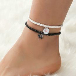 Anklets 2 Piece/Set Acrylic Lovely Cat Animal Anklet Set Simple Print Beaded Foot Chain Summer Beach Barefoot Anklet Women On Leg G220519