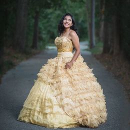 champagne Gold charro Sweetheart Quinceanera Dress With Beads Crystals Lace Tull Tiered lace-up corset prom Sweet 16 Dresses