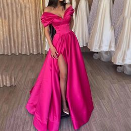 Charming Fuchsia Satin Prom Dresses Off The Shoulder Side Split Sexy Evening Dress V-Neck Elegant Simple Floor Length A Line Special Occasion Gown For Women 2023