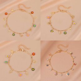 Anklets Fashion Copper Evil Eye Flower Heart Moon Anklet Gold Color Rhinestone Anklet For Women Summer Beach Foot Show Jewelry 23cm Long G220519