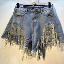 Women's Jeans Summer Personality Denim Shorts Style Hole High Waist Rhinestone Tassel Chain Slim Straight Blue Women Street Trendsetter