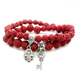 Charm Bracelets Multicolor Lava Stone Bracelet LZ Lock & Key 6&8MM Multi-layer Fashion Natural Health Care