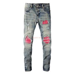 Am Amirliness Amiiris Amirirs Designer Clothing Jeans Denim Pants Amies Light Cow Water Washed Worn Out Red Patch Slim Fit Small Feet Mens High Street Net Ins Dist X45S