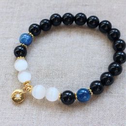 Strand WMB44262 Black Tourmaline Selenite Mala Bracelet Wrist North Star Charm Kette Yoga Gold Plated