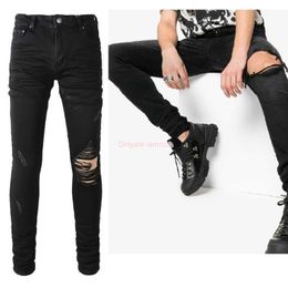 Designer Clothing Amires Jeans Denim Pants Amies 8586 Black Washed Knee Hole High Street Jeans Mens Womens Fashion Versatile Slim Elastic Leggings Distressed Rippe