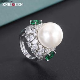 Band Rings Luxury 16MM White Gold Pearl Emerald Gemstone Rings for Women Lab Diamond Cocktail Party Fine Jewellery Wedding Accessories Gifts J230522