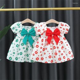 Girl Dresses 2023 Summer Baby Girls Short Sleeve O Neck Floral Print Cute Bow Princess Pleated Kids Infant Casual Dress Vestidos
