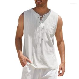 Men's Casual Shirts Summer Men's Cotton Linen Solid Fashion Sleeveless Shirt Lace-up Luxury Tee For Men Handsome T-shirt