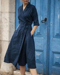 Cotton and linen medium sleeved lace up lapel large swing dress, European and American solid Colour fashion casual dress