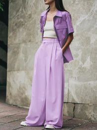 Capris Mnealways18 Lavender Chic Pleated Women Palazzo Trousers High Waist Wide Leg Pants FloorLength 2023 Lady Trousers Pocket Solid