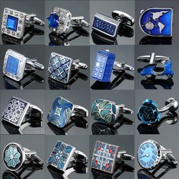 Men's French Shirt Cufflinks Wholesale Blue Enamel Crystal Cufflinks For Mens Vintage Pattern Cuff Links Wedding Jewelri Button