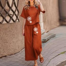 Women's Two Piece Pants Women's Set Baggy Loose Print Boho Blouse Trouser Suits Imitation Cotton Linen Summer Elegant Short Sleeve Tunic